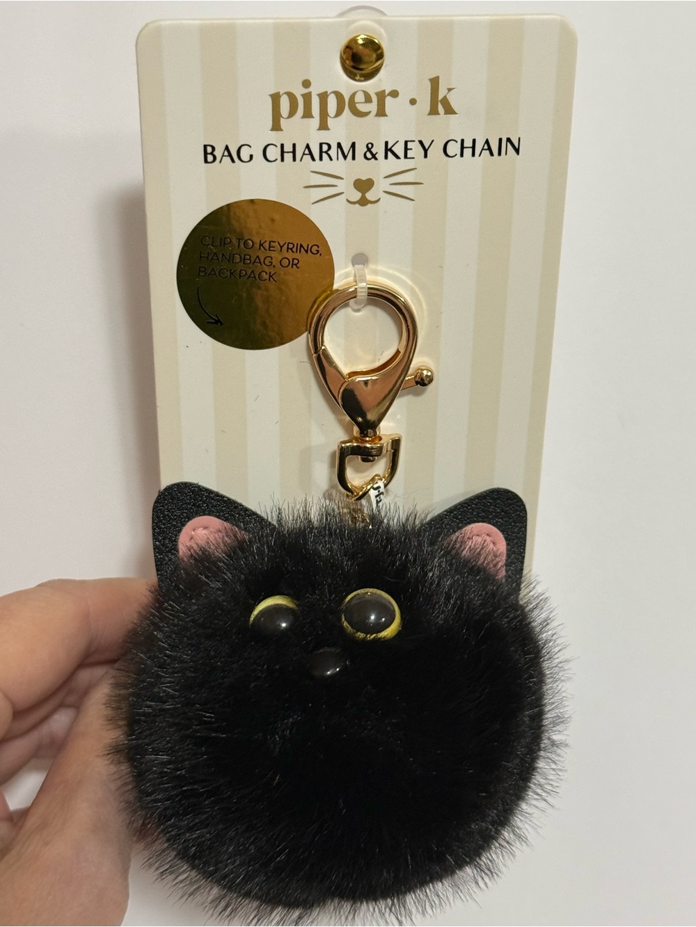 Piper Black Furry Cat Pom Pom Keychain with Gold Clasp